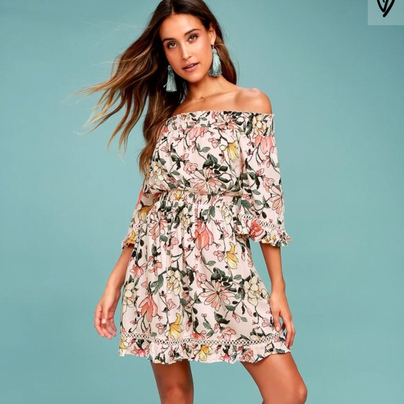 Darling Blush Pink Floral Print Off-the-Shoulder - Picture 1 of 4